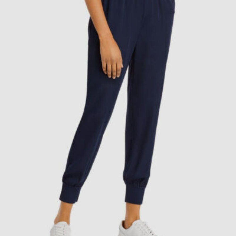 NWT Theory Navy Silk Elastic Waist Cuffed Ankle Joggers US SMALL